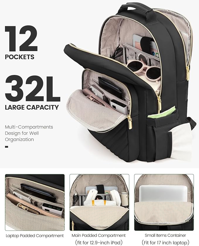 LOVEVOOK Laptop Backpack for Women, Travel Computer Work Bags with 17-inch Laptop Compartment, College School Student Bag Teen Backpacks For Girls, Hiking Outdoor Carry On Backpack Purse, Black