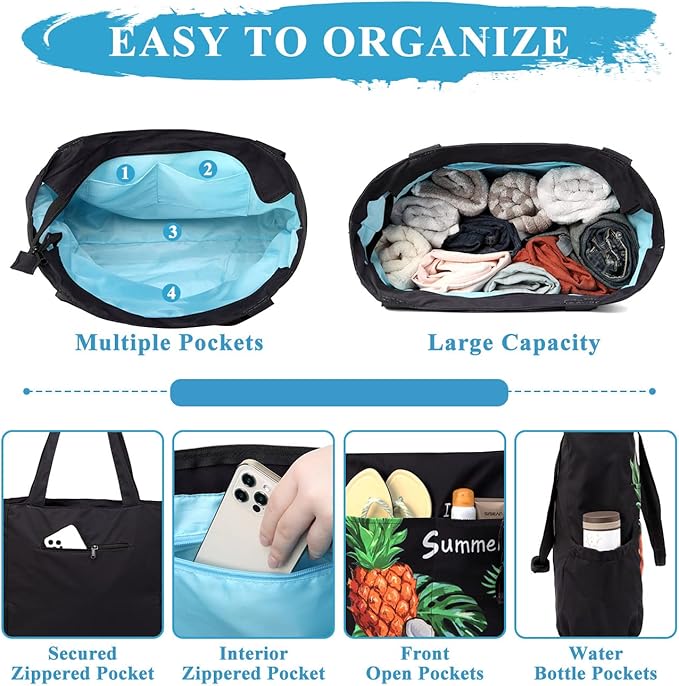 VASCHY Beach Bag for Women, Large Waterproof Sandproof Fold-able Packable Pool Tote Bag w Zipper/Pockets