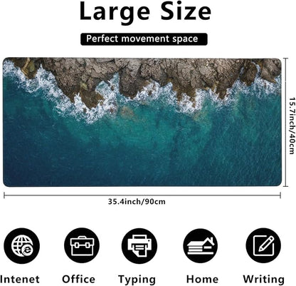 Desk Mat,Sea Waves and Fantastic Coast Gaming Mouse Pad,XXL Extended Mouse Pad Mat for Office,Computer,Keyboard with Non-Slip Base Stitched Eges Mousepad 35.4x15.75 inch