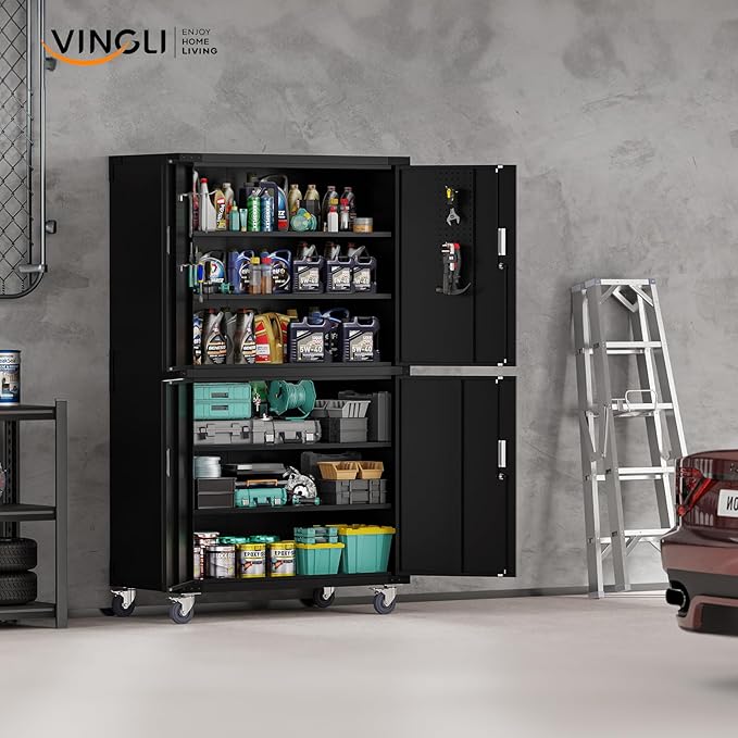 VINGLI Large Garage Storage Cabinet with 4 Doors, Upgraded Height & Wide & Deep, 43''W x 23''D x 75''H, Oversized Metal Storage Cabinet with Pegboards Wheels Locks and Adjustable Shelves (Black)