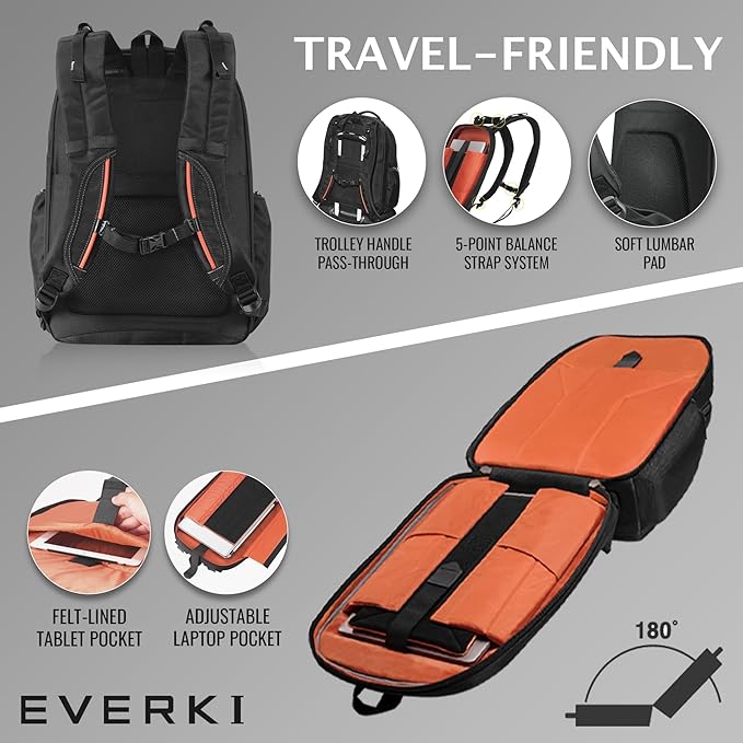 EVERKI Atlas 29.5L Business Laptop Backpack – Travel Backpack for Women & Men, Work/Travel Bag, Laptop Bag Fits 15.6-Inch, Backpack for Women, Men’s Laptop Bags – Black (EKP121S15)