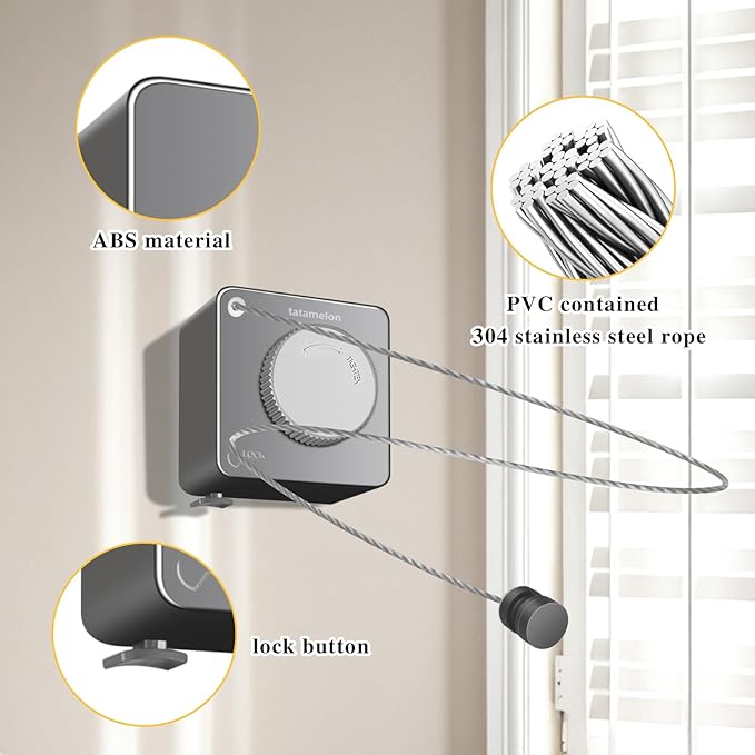 Retractable Clothesline Indoor, Non-Sagging Outdoor Clothes Line retracting,13.8 Ft Heavy-Duty Clothes Drying Laundry Line,Wall Mounted Stainless Steel Line（Grey）