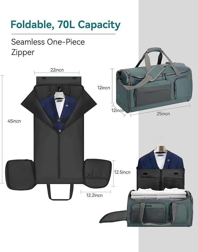 Large 3 In 1 Waterproof Garment Duffle Bags for Travel with Shoe Compartment, Mens Carry On Convertible Garment Bags for Travel Combo with Wet Compartment, Suit Bag Travel for Men and Women (green)