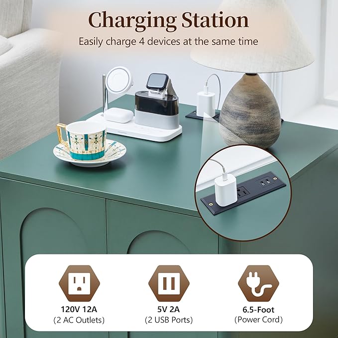 Bed Side Table with Charging Station, Mid Century Modern Nightstand with 2 Doors, Square End Table with Storage for Couch,Living Room,Small Spaces, Sofa Side Table for Office,Dorm - Green