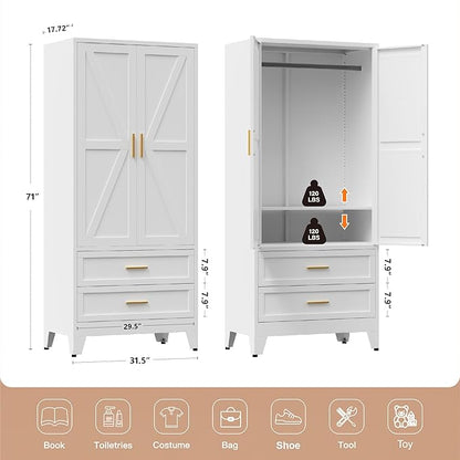 71" Tall Metal Wardrobe Cabinet with 2 Drawers and Hanging Rod, 2 Doors Armoire Wardrobe Closet with Shelf for Bedroom, Office, Laundry Room, White
