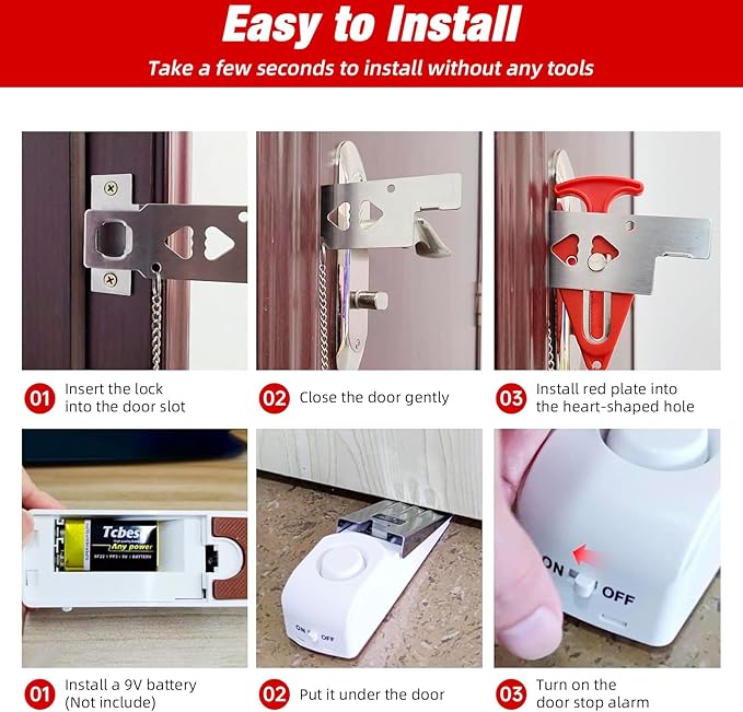 Portable Door Stop Alarm and Traveling Hotel Door Lock, No Installation Required, Provides Double Security for Home, Hotel and Traveling (1 Door Lock + 1 Door Stop)