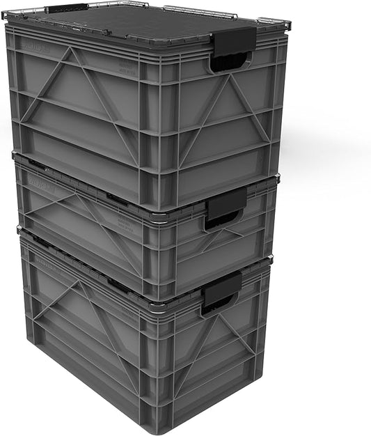 SIDIO CRATE Starter Pack - Two Full Size and One Half Size SidioCrate, Stackable Outdoor Organizer Storage Bins with Clear Lid and Dividers - Gray
