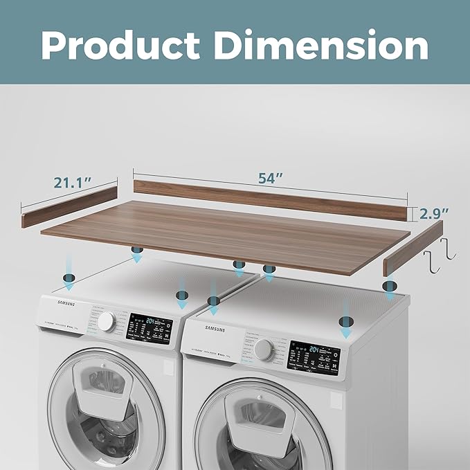 Washer Dryer Countertop, Wood Countertop with Edge Rails for Laundry Room Organization and Storage, Washer Dryer Topper for Laundry Room, 27.5" x 54" (Walnut Wood)