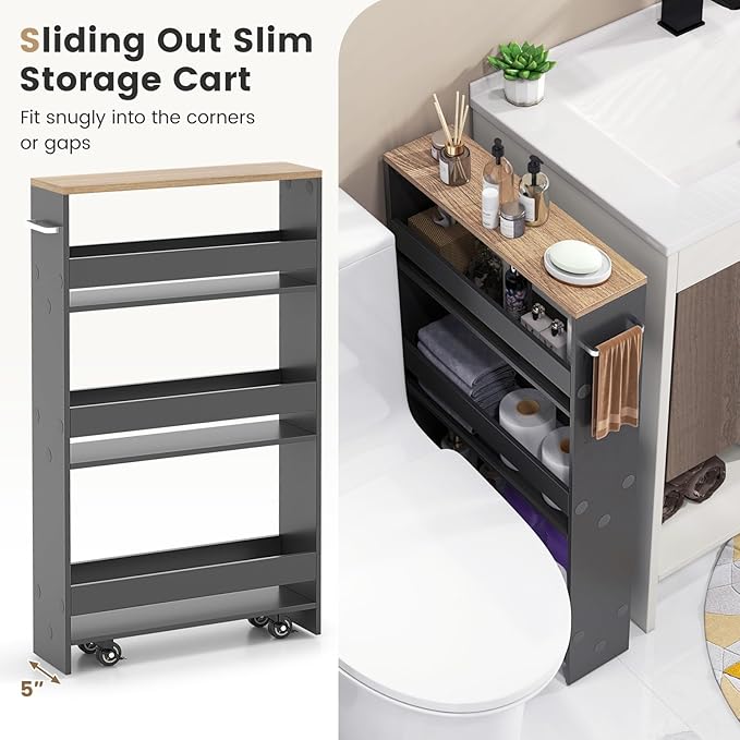 MAT EXPERT Slim Rolling Storage Cart, 4-Tier Freestanding Slim Storage Cart with Wheels 360 Degree & Metal Handle, Wooden Utility Cart for Narrow Kitchen, Laundry Room, Bathroom (Grey + Natural)