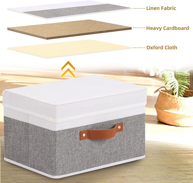 Fabric Storage Boxes with Lids, Linen Foldable Cloth Baskets, Closet Organizer Containers with Double Handles, Sweater Bins for Bedroom, White and Grey, 1 Pack, 13 x 9.1 x 7.9 Inch