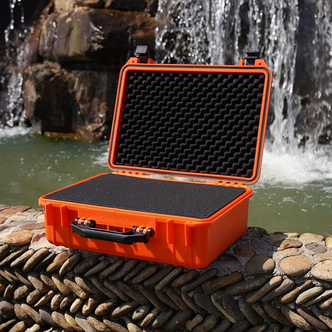 MEIJIA All Weather Portable IP67 Waterproof Protective Case, Hard Camera Case with customizable foam, Perfectly Protection of Camera, Drones,Pistols,Lens,Equipments,18.5 x14.06x6.93inches(Orange)