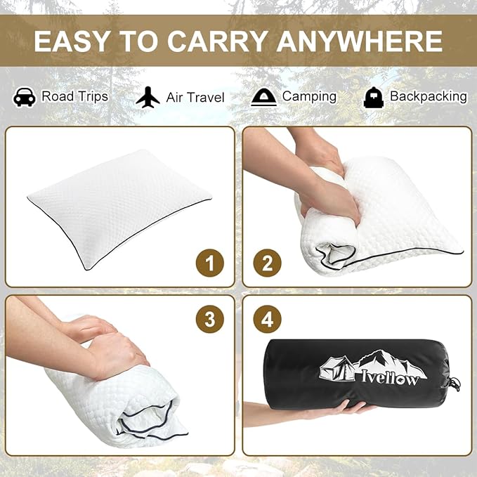 Ivellow Travel Pillow Cooling Camping Pillow for Sleeping Compressible Shredded Memory Foam Pillow Compact Firm Supportive Pillow for Adults Kids Outdoor Backpacking Hiking Essential Gear White S