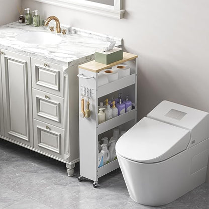 Slim Storage Cart, 4-Tier Kitchen Rolling Cart Narrow Storage Cabinet with Handle & Wheels, Metal Rolling Shelf Unit for Kitchen Bathroom Laundry Small Places (5.9IN White/Natural)