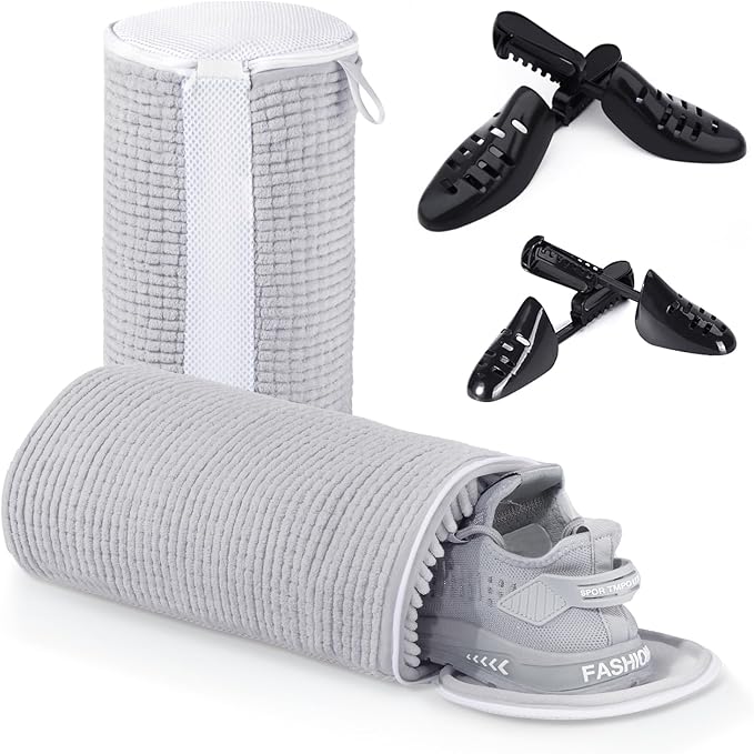 Shoe Laundry Bags for Washing Machine, 2024 New Reusable Laundry Shoe Bag for Washer and Dryer, Fluffy Fibers 360° Wrap-Around Cleaning, 2 Pairs Adjustable Shoe Trees for All Shoes, ‎Gray