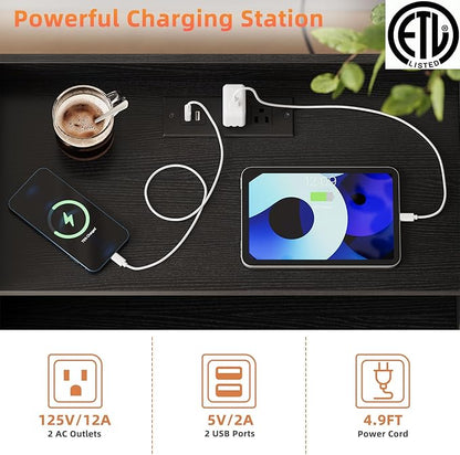 2 Pack Nightstand with Charging Station and LED Light, Modern Nightstand with USB Ports and Outlets, Wooden Bedside Table with 2 Storage Drawers, Small Dresser for Bedroom Small Space, Black