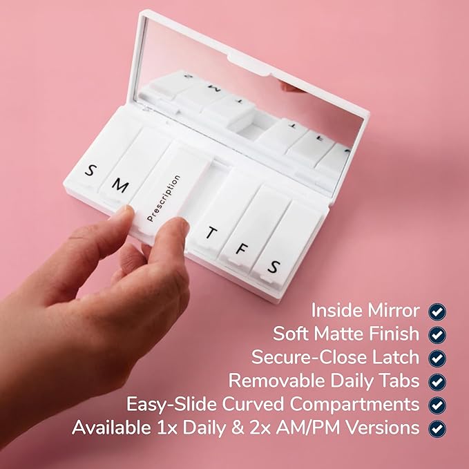 PORT X POLISH Designer Weekly Pill Box Organizer (AM/PM 2X Daily, Crisp White) | Compact, Stylish 7-Day Vitamin Supplement Case | Cute Portable Mini Travel Medicine Carrier | BPA-Free Pillbox Caddy