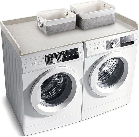 Washer Dryer Countertop with 2 Pack Storage Baskets, Wood Washer and Dryer Countertop with Non-Slip Pads/Edge Rails for Laundry Room Storage and Organization, 27.5" W x 54" L(Light Grey Marble)