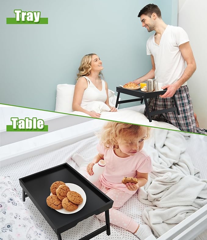 Bed Tray Table with Folding Legs,Bamboo Breakfast in Bed for Kitchen Serving Tray,Sofa,Used As Laptop Desk Snack Breakfast Tray (Black, Medium)