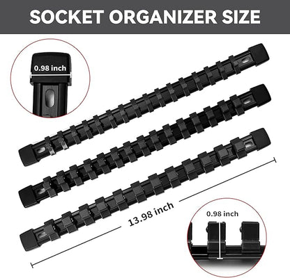 Socket Organizer Drive ABS Tools - Black Socket Holder, Premium Quality 12 Pieces Socket Holders Kit 1/4-Inch x 64 Clips, 3/8-Inch x 60 Clips, 1/2-Inch x 48 Clips（12PC,Black)