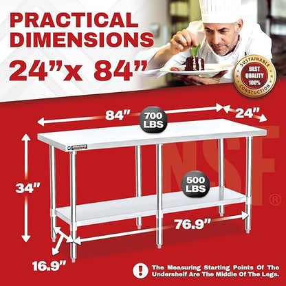 DuraSteel 24x84 Stainless Steel Work Table - NSF Commercial Prep Metal Table - Outdoor Pizza Oven Stand w/Under Shelf - Kitchen Island Laundry Utility Garage Microwave Stand Large Rolling Storage Cart