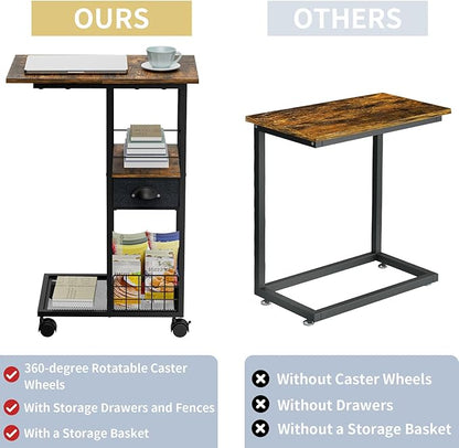 C Shaped Sofa Side Table with Wheels, Rolling Small Coffee Table with Drawer, Portable TV Tray Table for Couch, Bedside Table with Storage, Narrow Nightstand for Bedroom, End Tables Living Room