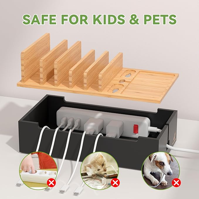 Pezin & Hulin Cable Management Box, Docking Station for Multi Devices, with 5 Ports Charge Adapter and 6 Cables, Wire Organizer for Cords, Box to Hide Cords and Storage Power Strip -Natural + Black