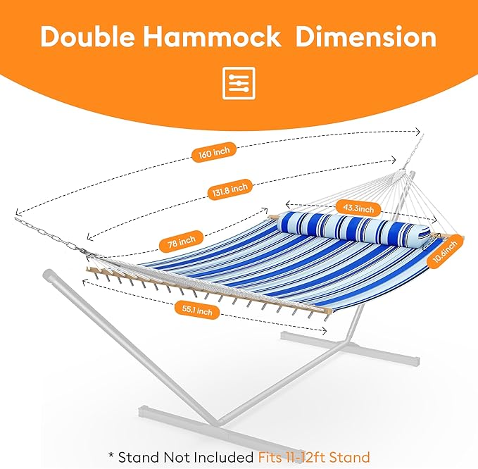 Double Hammock with Spreader Bar,Soft Pillow,Max Load 500lbs,Portable Hammock for Outdoor,Camping,and Backyard,Blue