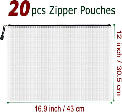 AUSTARK 20 Pcs Zipper File Bags, Plastic Mesh Pouch, Board Game Storage Bag, Waterproof Bags for Office School (A3 Size 16.9''x12'', White and Black)