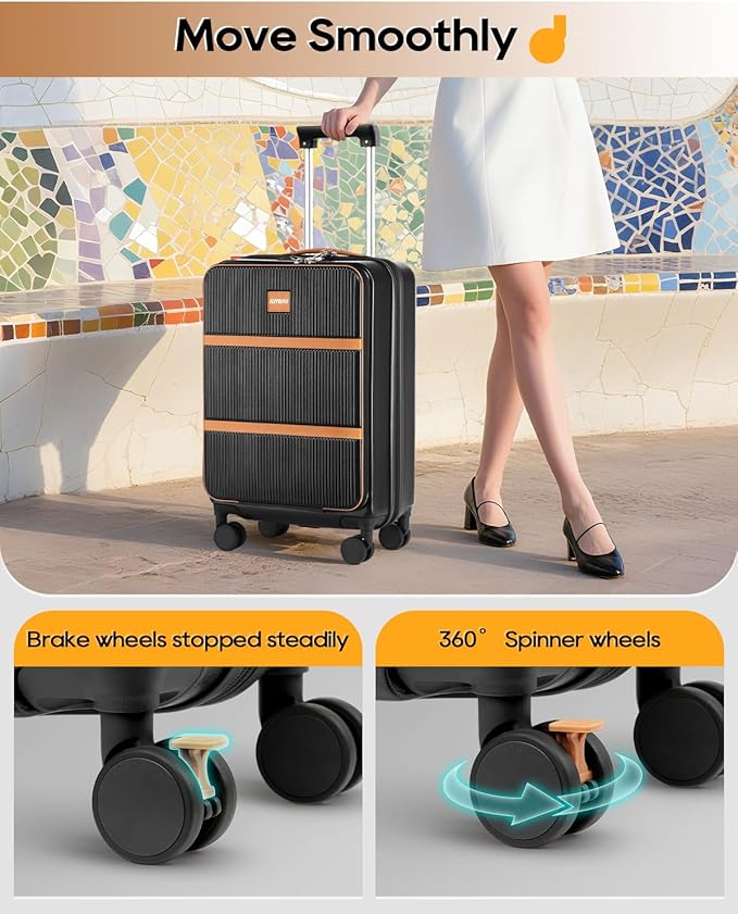 Joyway Carry on Luggage Airline Approved with Front Pocket, Hardside 20 Inch Travel Luggages with Cup Holder, Carry-on Suitcase with Spinner Wheels for Men and Women (Black, 20 Inch)
