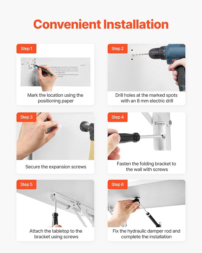 VEVOR Wall Mounted Folding Table, 23.6 x 15.7 inches Wall Mount Table, Floating Desk with Iron Bracket for Small Spaces, Home Office, Dining, Laundry Room, Kitchen, Bar, White