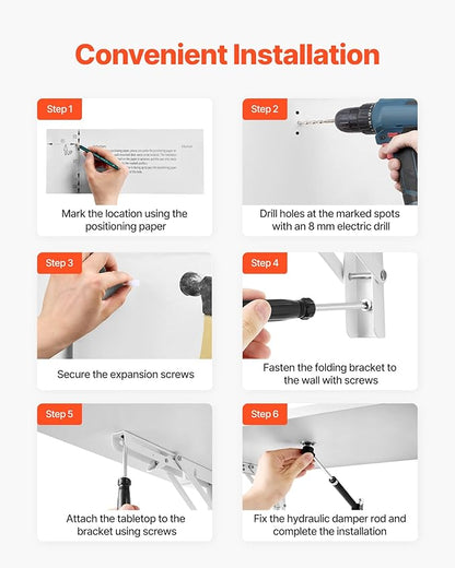 VEVOR Wall Mounted Folding Table, 23.6 x 15.7 inches Wall Mount Table, Floating Desk with Iron Bracket for Small Spaces, Home Office, Dining, Laundry Room, Kitchen, Bar, White