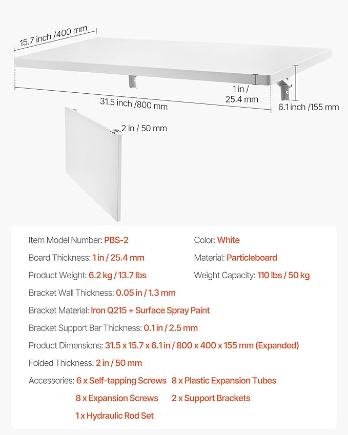 VEVOR Wall Mounted Folding Table, 31.5 x 15.7 inches Wall Mount Table, Floating Desk with Iron Bracket for Small Spaces, Home Office, Dining, Laundry Room, Kitchen, Bar, White