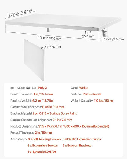VEVOR Wall Mounted Folding Table, 31.5 x 15.7 inches Wall Mount Table, Floating Desk with Iron Bracket for Small Spaces, Home Office, Dining, Laundry Room, Kitchen, Bar, White