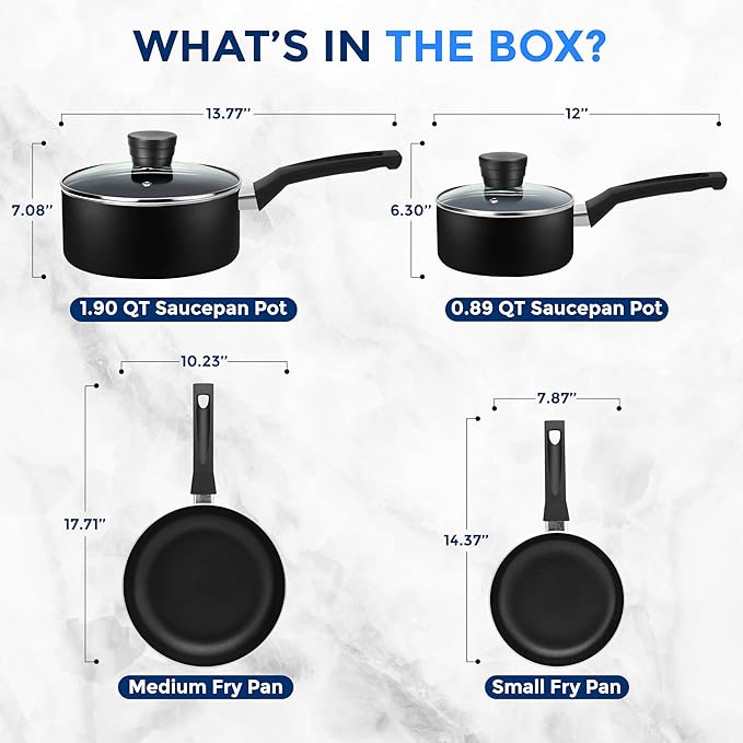 SereneLife 6-Piece Pots and Pans Set – Nonstick Cookware, Black Coating, Heat-Resistant, Dishwasher safe, Includes Fry Pans, Saucepans with Lids, Color Black