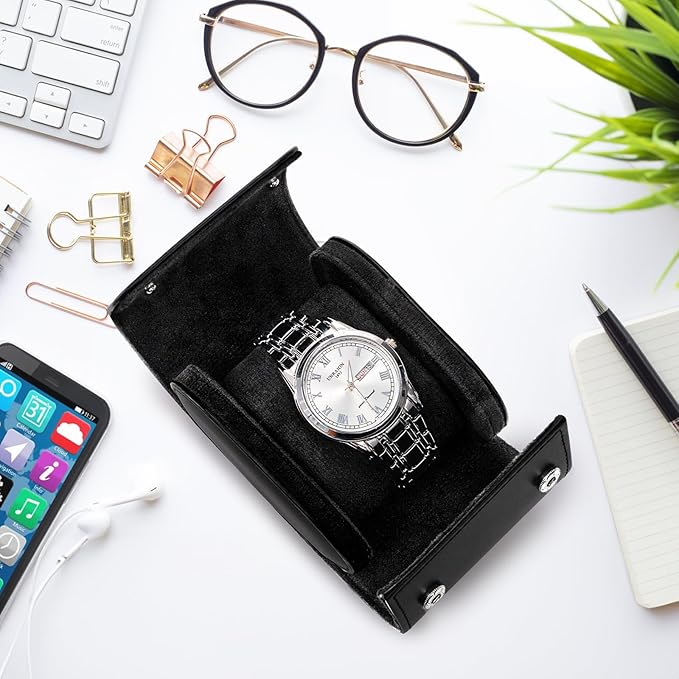 Leather Travel Watch Case, Single Watch Gift Box with Pillow, Portable Jewelry Watch Storage Roll Organizer Carrying Case for Display, Men, Women, Luxury Black