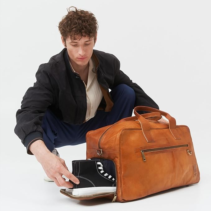 Berliner Bags Vintage Genuine Leather Duffle Austin XL for Travel or the Gym, Weekender Bag with Shoe Compartment, Overnight Bag for Men and Women - Brown