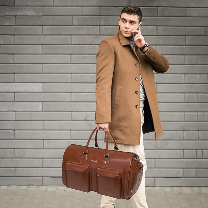 Leather Garment Bag for Travel, Modoker Carry On Suit Carrier Travel Bag with Shoulder Strap/Multiple Pockets - Ideal for Business Trips & Weekend Getaways - The Garment Duffel Bag for Traveling Men