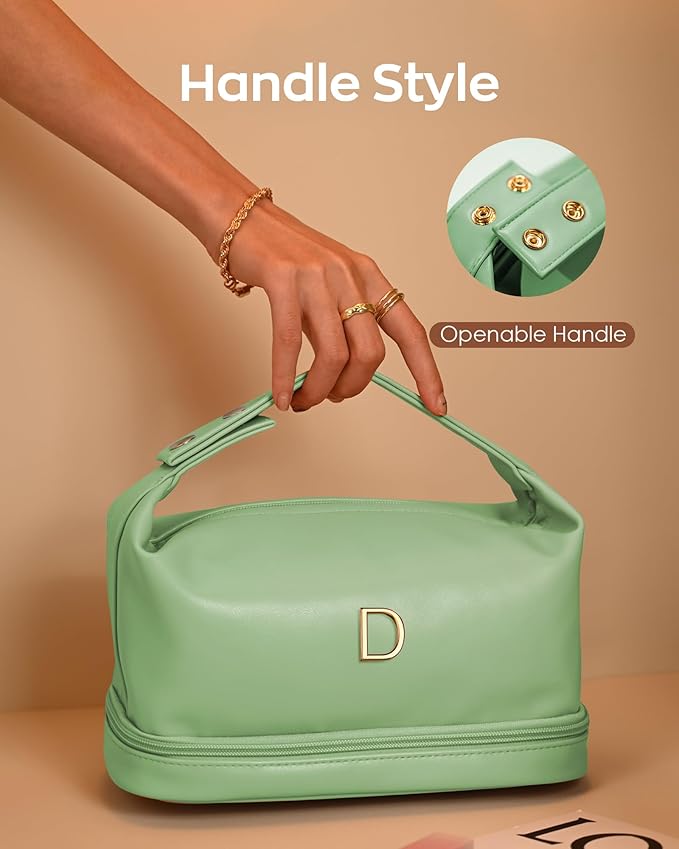 Monogram Gifts for Women, Personalized Makeup Bag with Handle, Initial Double Layer Cosmetic Bag with Makeup Brush Organizer, Cute Cosmetic Pouch for Women, Gifts for Friends Female Mom