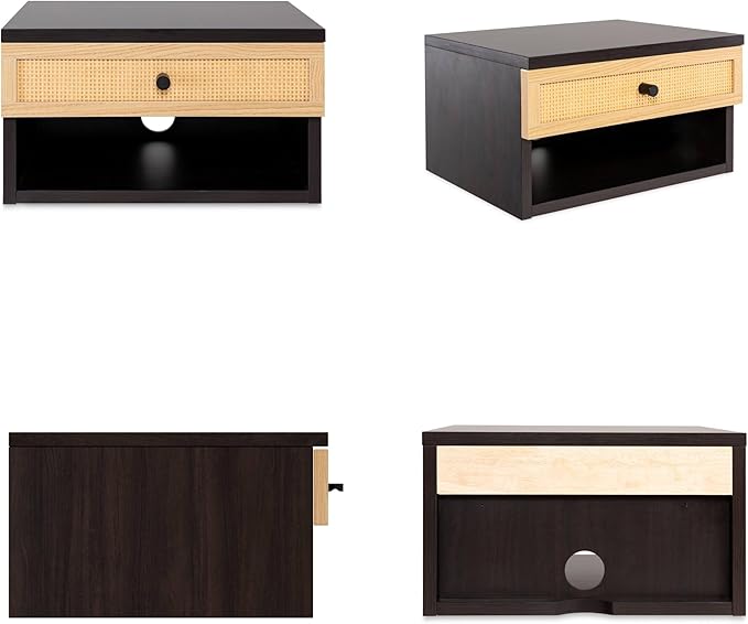 JONATHAN Y NST2000A Celerie 15.71" Mid-Century Modern Floating Wall Mounted Nightstand with Soft-Close Rattan Drawer and Cable Hole, Black/Light Oak
