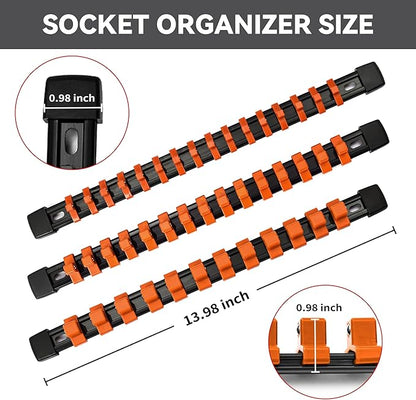 Socket Organizer Drive ABS Tools - Orange Socket Holder, Premium Quality 9 Pieces Socket Holders Kit 1/4-Inch x 48 Clips, 3/8-Inch x 45 Clips, 1/2-Inch x 36 Clips（9PC,Orange)