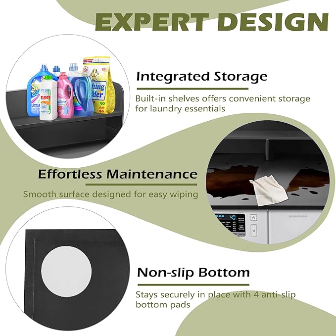 Royxen Laundry Countertop with Storage Universal Fit, Washer and Dryer Countertop with Shelf, Laundry Room Storage, 2-Tier Shelf (Black)