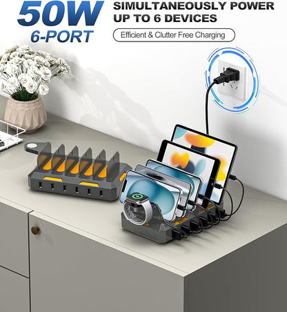 Charging Station for Multiple Devices, Honcila 50W Multiple Charger Station Charging Dock for iPhone iPad Cell Phone Tablet and More - 6 Port Multi Charging Station with 6 Mixed Cables (Space Gray)