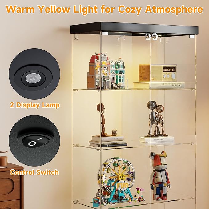 Tempered Glass Display Cabinet with Lights, 4-Tier Curio Cabinet with Glass Doors Wheels Two Locks, Glass Display Case for Collectibles for Living Room, Bedroom, Office, Black, Double Door