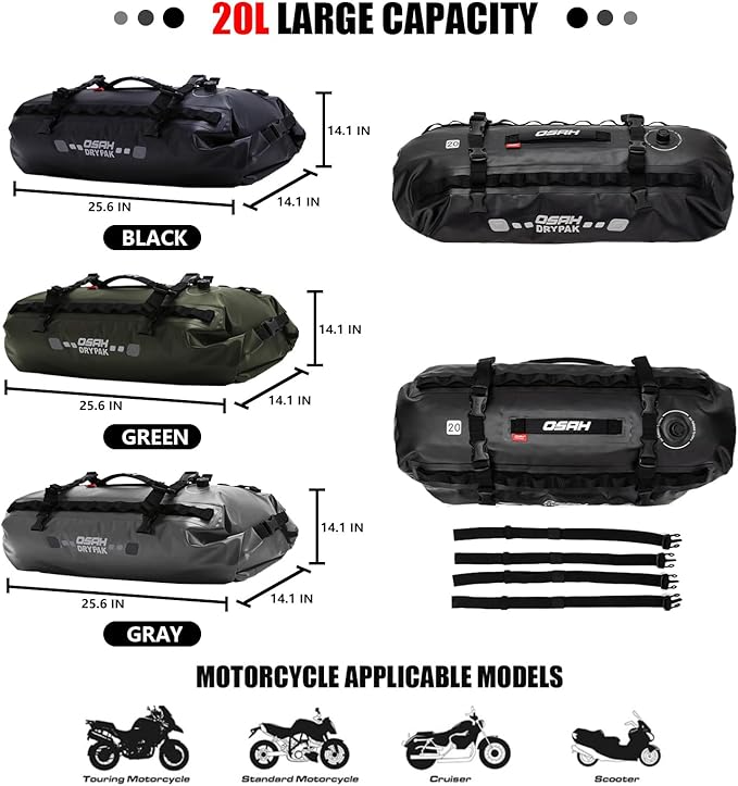 Waterproof Duffel& Luggage Bag - Motorcycle Dry Bag Tail Saddle Bags with Roll Top Closure,Large Storage Space,for Camping, Kayaking, Fishing & Traveling(Green, 20L)