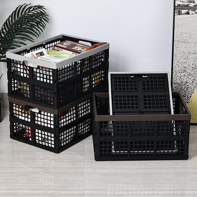 Gloreen 4-Pack 42 L Plastic Collapsible Storage Crate, Folding Storage Crates Baskets