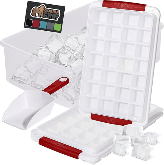GORILLA GRIP BPA-Free Easy Release Ice Cube Tray for Freezer, Make Lots of Ice, 56 Cubes Total, Kit Includes 2 Stackable Leakproof Trays with Lid and Soft Handle Grips, Scooper, Bin, For Coffee, Red