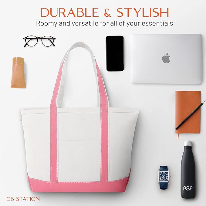 CB STATION Medium Classic Canvas Tote Bag for Women, Top Zipper Closure, Outer Pocket, Daily Essentials, Groceries, Traveling