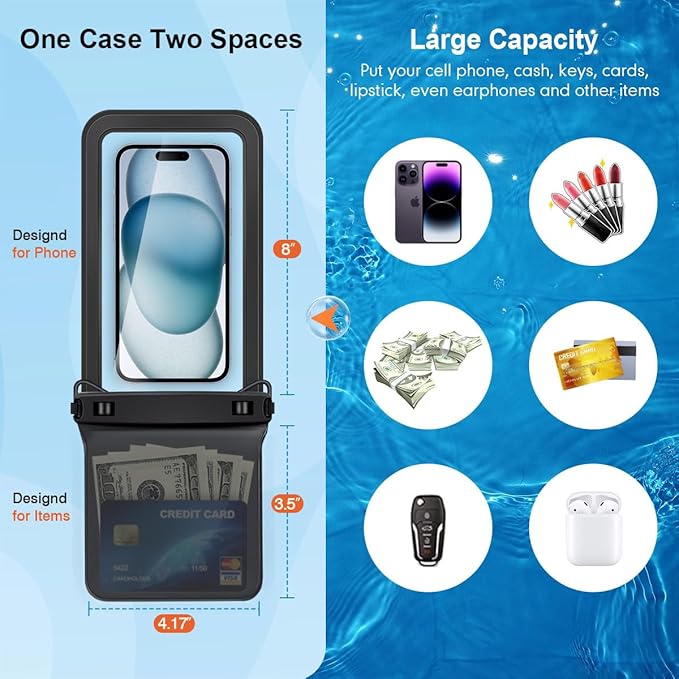 Double Space Waterproof Phone Pouch, 2 Pack Waterproof Phone Case with Lanyard for iPhone 15 Pro Max Galaxy S23 Pixel 7a up to 8.5’’, Cellphone Dry Bag for Beach Vacation (Black+Black)
