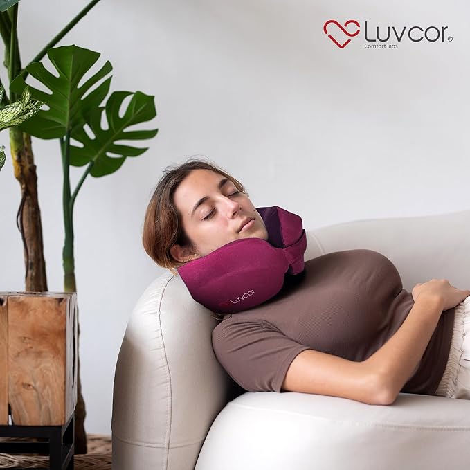 Premium Quality Memory Foam Travel Neck Pillow Bundle - Best Ergonomic Pillow for Airplane Travel, car Ride, Sleeping. Comes with Eye mask, earplugs and Storage Bag. (Royal Pink)