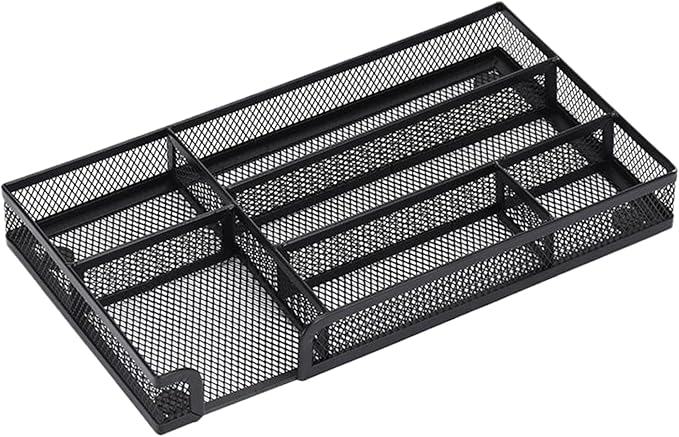 Desk Drawer Organizer Tray 6 Compartment Mesh Organizers 11x6x1.4" Small Metal Pencil Organizer Pen Pencil Tray for Home Office School Supplies Desktop Desk, Drawer org